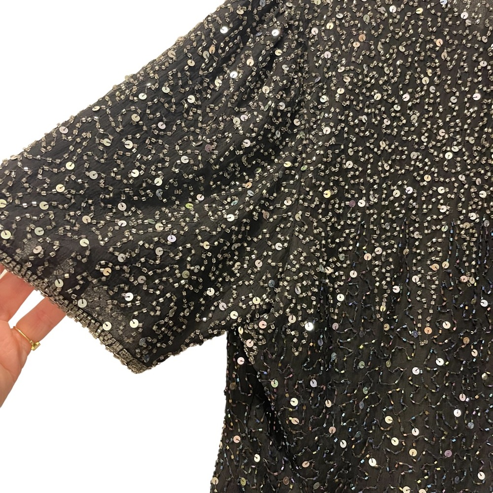 VINTAGE STENAY BLACK SILK SEQUINS TOP SHELL BLOUSE HOLIDAY PARTY EVENING WEAR - Picture 5 of 13